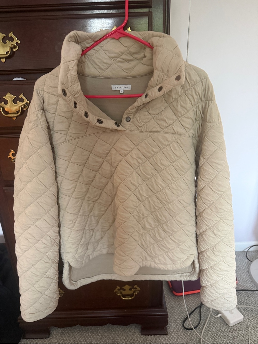 Crescent Quilted Snap-Neck Pullover in Light Beige